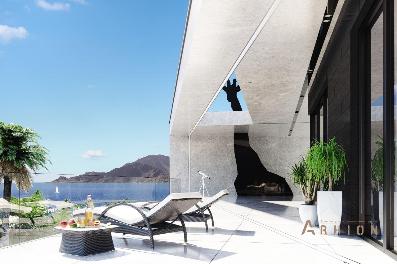 5. Проект двухэтажного дома в стиле минимализм с плоской кровлей , m-386, площадью - 679 кв c цокольным этажом, сауной, терассой, балконом, гаражом, бассейном, вторым светом